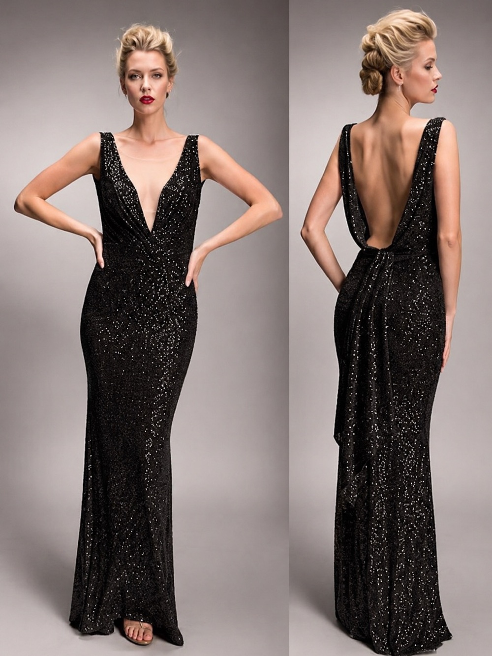 Nicole Bakti Black Sequin Plunging V Backless Gown